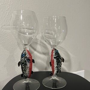 Fish Stem Wine Glasses, Art glass set of 2